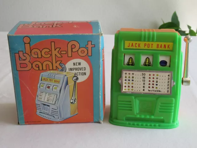 Vintage Green Orange Plastic Slot Machine Jack Pot Piggy Coin Bank HongKong