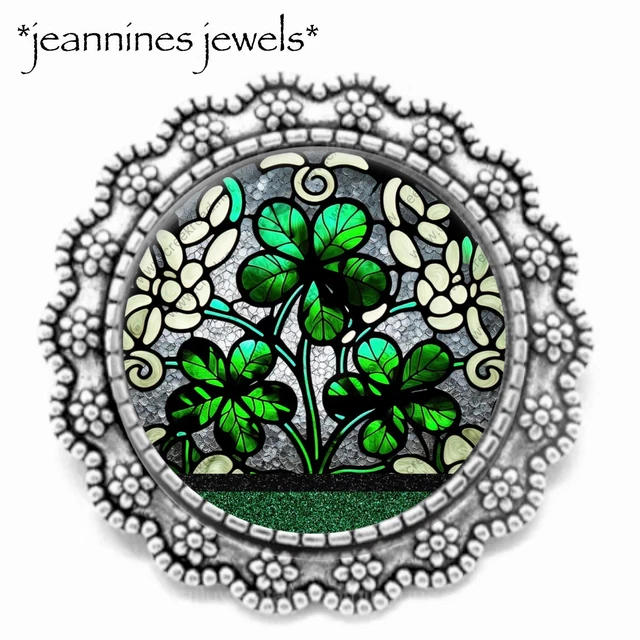 Irish Pride Shamrock Brooch Celtic Faux Stained Glass ART PRINT Silver Lapel Pin