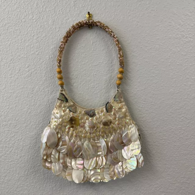 Vtg Y2K Shell Sequin Beaded Mini Purse Bag Half Moon Satin Glam Prom Party