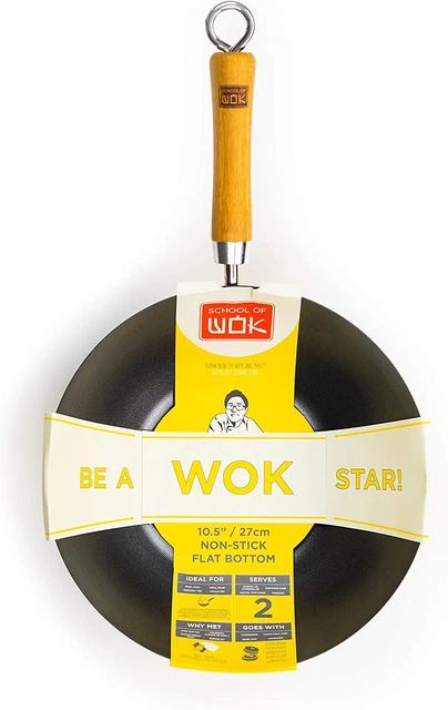 School of Wok - 10,5"/27 cm acero al carbono antiadherente wok, parte inferior plana, bambú