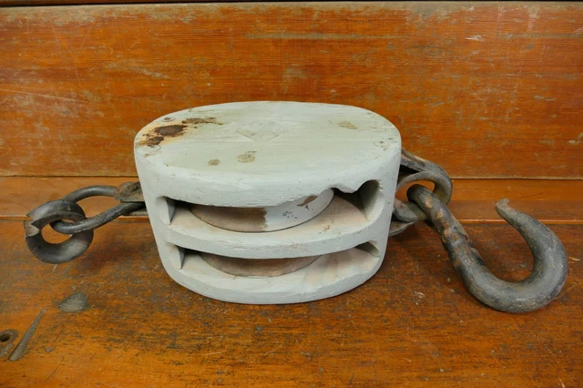 Antique Late 1800s HUGE Nautical Ships Pulley Wood & Hand Forge Iron 27” Long