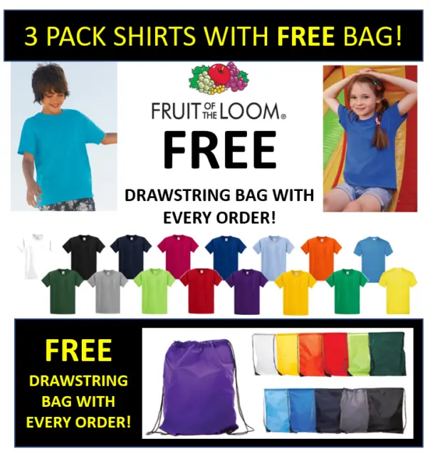 3 PACK Kids Children Plain Fruit of Loom Boys Girls T-Shirt FREE DRAWSTRING BAG!