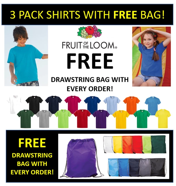 3 PACK Kids Children Plain Fruit of Loom Boys Girls T-Shirt FREE DRAWSTRING BAG!
