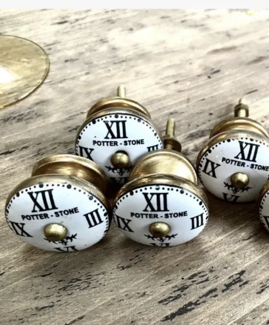 4x Ceramic Cupboard Cabinet Drawer Knobs Handles - Roman Numerals & Potter-Stone