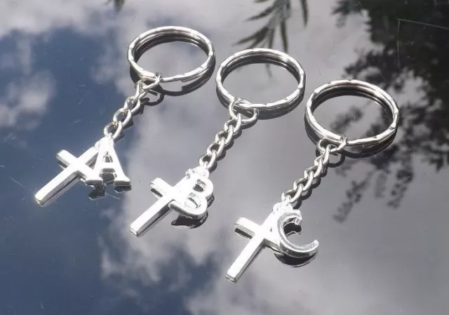 Small Silver Cross Keyring Personalised with Silver Plated Initial Letter