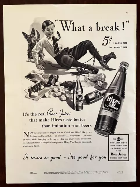 1937 HIRES ROOT BEER Vintage Print Ad Soda Pop What A Break