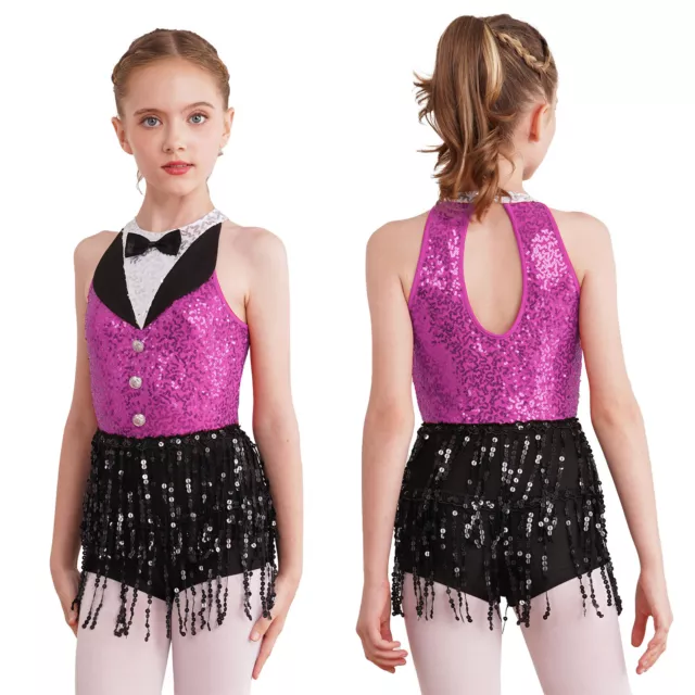 US Girls Sequins Ballet Jazz Dance Dress Tassel Latin Dance Leotard Dancewear