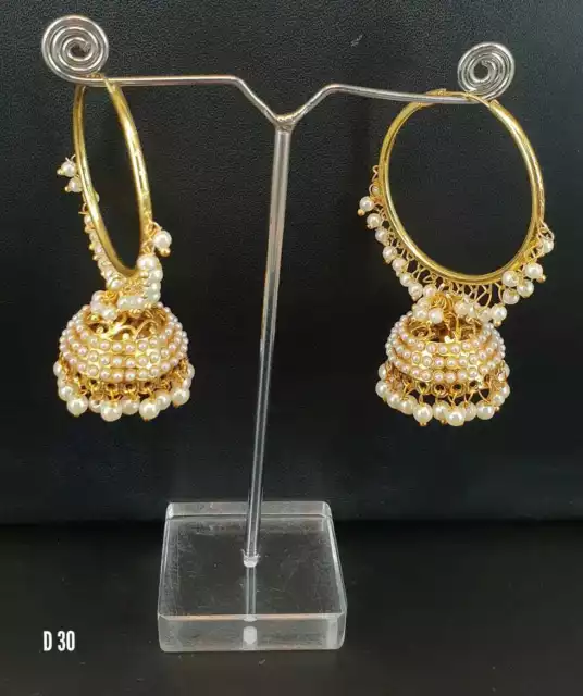 Plaqué Or Indien Kundan Gland Oreilles Jhumka Dernier Bollywood Bijoux ES7