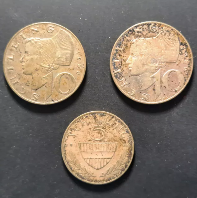Lot of Austria 1958 10 Schilling (x2) 1960 5 Schilling 0.640 Silver World Coins