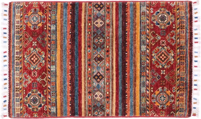 Afghan Ziegler Khorjin Carpet 60x90 Hand Knotted Red Stripes Oriental Shorthair