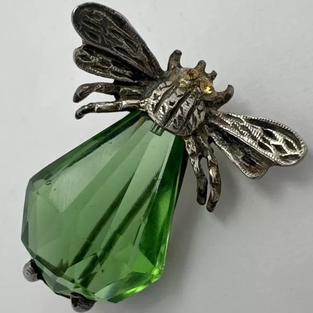 Vintage Sandor Sterling Silver Green Glass Amber Rhinestone Bug Insect Brooch