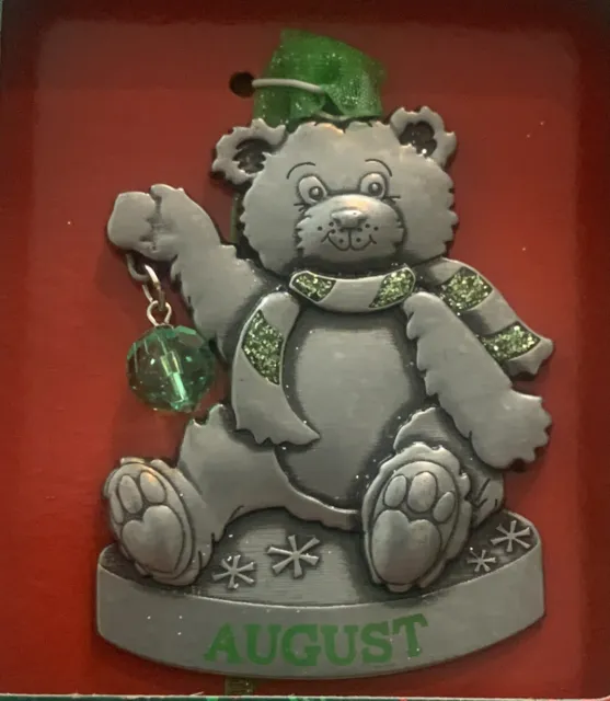 Gloria Duchin Ornament August Bear Birthstone U.S.A. Pewter Green Stone Holiday