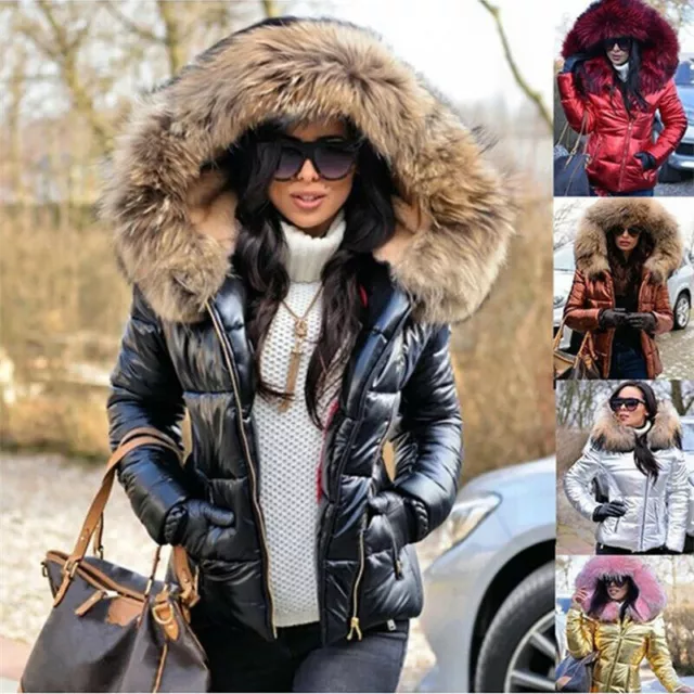 Womens Winter Warm Quilted Padded Parka Short Faux Fur Collar Hooded Coat Jacket