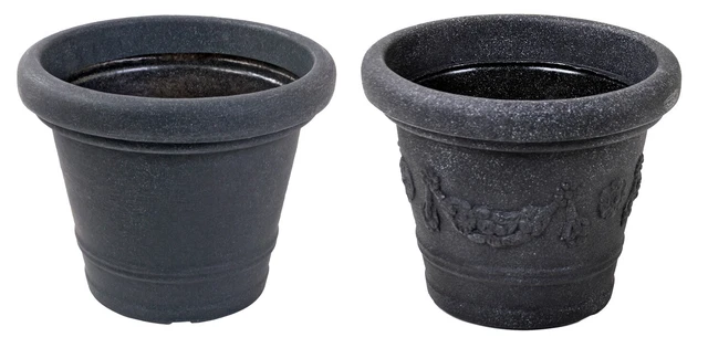 Grande fioriera a barile in plastica, 40 cm, effetto marmo grigio