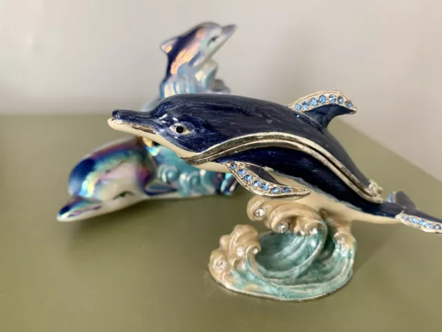 Dolphin Trinket Box Lot Of 2 Enamel Jeweled Metal Hinged Magnetic Closure