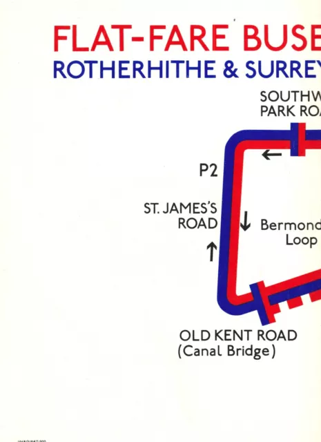 LONDON TRANSPORT Poster ROTHERHITHE & SURREY DOCKS Area FLAT-FARE BUSES P1 & P2