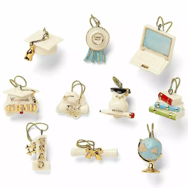 Lenox Graduation Day Miniature Tree Ornaments Set Of 10 Diploma Cap Owl NEW