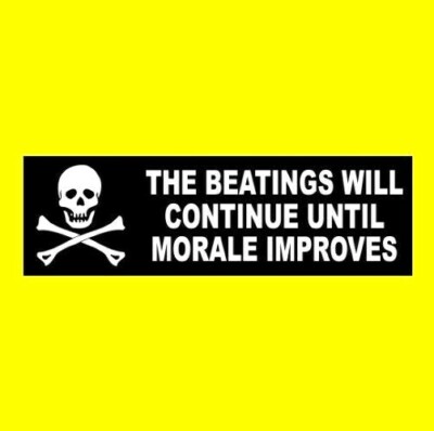 "THE BEATINGS WILL CONTINUE UNTIL MORALE IMPROVES" pirate ship skull STICKER