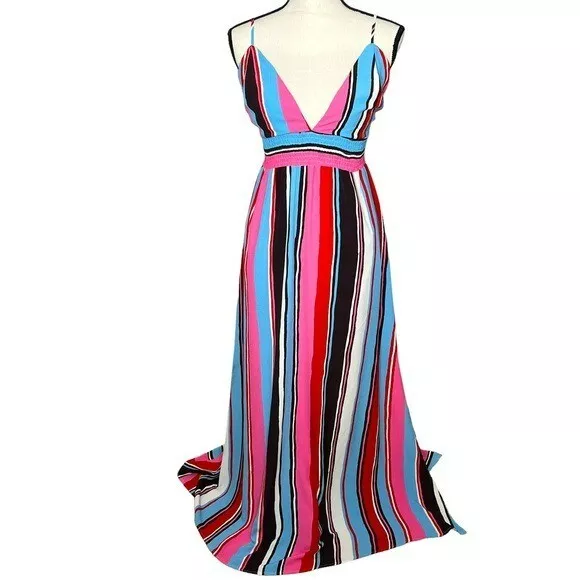 Lulu's Andi Women's Multi Stripe Slit Spaghetti Strap Long Maxi Dress Size S