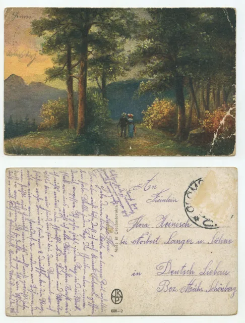 14707 - Paar beim Waldspaziergang - Künstlerkarte, gelaufen nach Deutsch Liebau