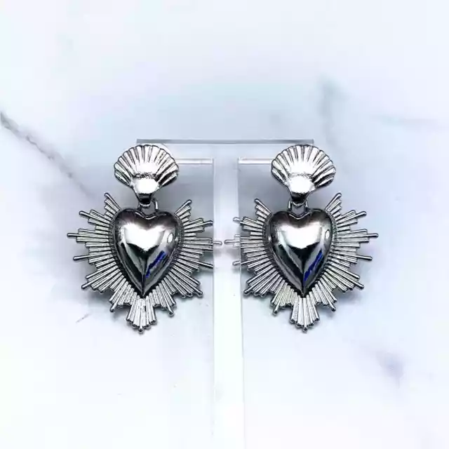 New Silver Milagro Corazon Sacred Heart Dangle Earrings Dangle Queen Halloween