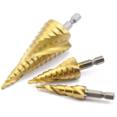 3PCS HSS Spiral Groove Step Drill Bit Set Metal Cone 1/4" Hex Shank 4-12/20/32mm