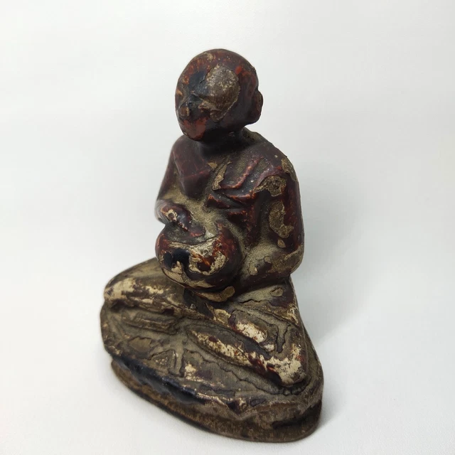 Antique Wood Monk Sculpture Burmese Patina Buddha Teak Wood lacquer Statue Art 3