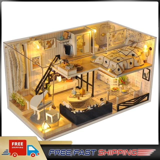 Wooden Miniature Dollhouse Kit with Music/Dust Cover/Light Gift for Boys Girls
