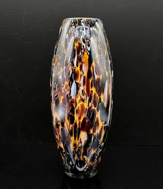 Hand Blown White Cased Glass Tortoise Shell Brown Abstract Tall Vase