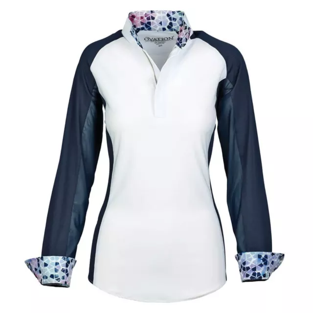 Ovation Ladies Altitude Long Sleeve Show Shirt - White/Navy Geo Print