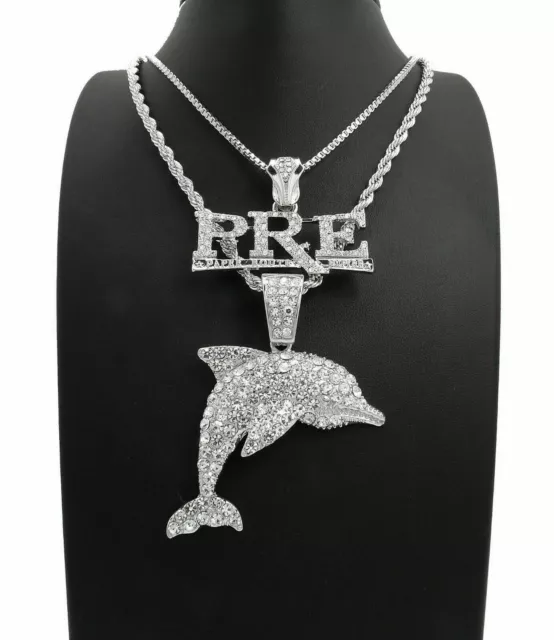 Hip Hop Silver PT Full Iced Young DOLPH PRE & DOLPHIN Rope Box Chain Necklace