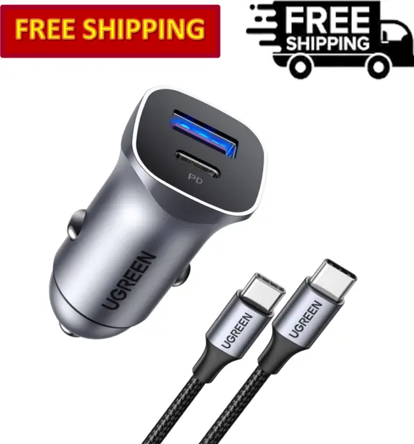 UGREEN Car Charger, PD 30W & QC 30W 2-Port Fast Charging W/ USB C to USB C Cable