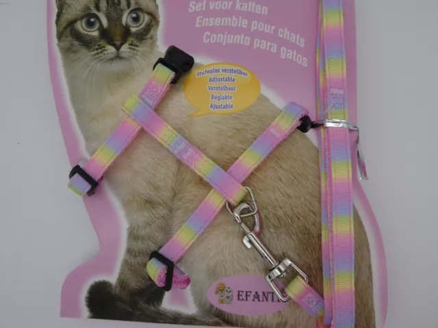 (H037) Cat Kitten Adjustable Harness & Lead Set Pink Pastel Rainbow Pattern