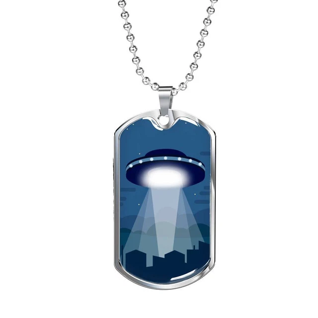 UFO Fan Gift Alien Spaceship Necklace Stainless Steel or 18k Gold Dog Tag 24" Ch