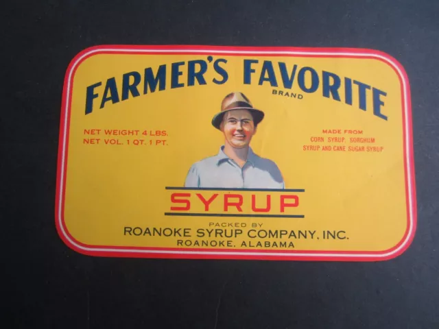 Old Vintage 1930's - FARMER'S FAVORITE - SYRUP LABEL - Roanoke ALABAMA