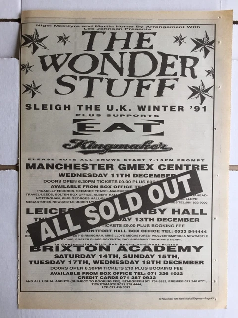 1991 NME Concert Advert Page - The Wonder Stuff - All Sold Out, Brixton Academy