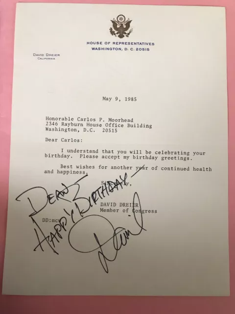 David Dreier 1985 Typed Letter Signed as Congressman - To Carlos Moorhead