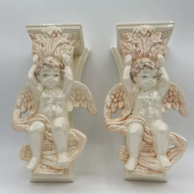 vtg ceramic angel cherub Drapery curtain rod holder 2pc sconces 11 1/2” Decor