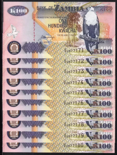 SZ47 ZAMBIA 100 KWACHA BANKNOTE 10 IN SEQUENCE 2001 UNCIRCULATED  P.38c