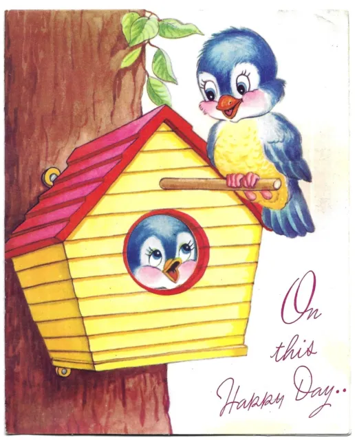 Vintage Pop Up Greetings Birthday Card Birds Blue Tits Singing 1940s