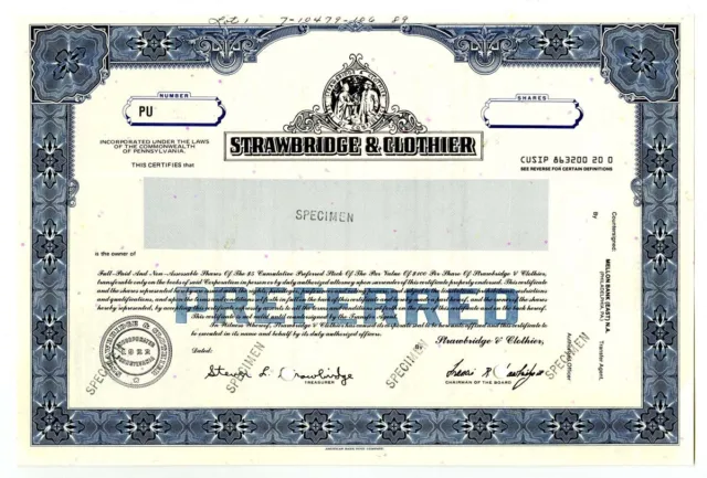 PA. Strawbridge & Clothier, 1989 Odd Shares Specimen Stock Certificate, VF ABNC