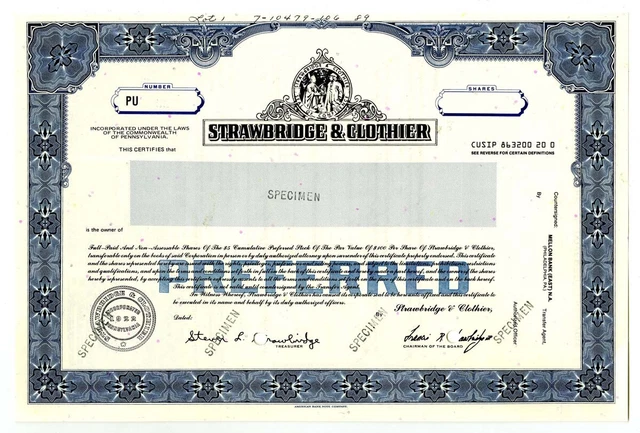 PA. Strawbridge & Clothier, 1989 Odd Shares Specimen Stock Certificate, VF ABNC