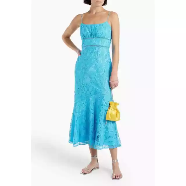 NWT ML MONIQUE LHUILLIER Fluted guipure lace midi dress-blue- sz 4