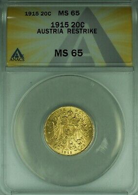 1915 Austria 20 Corona Restrike Gold Coin BU UNC ANACS MS-65