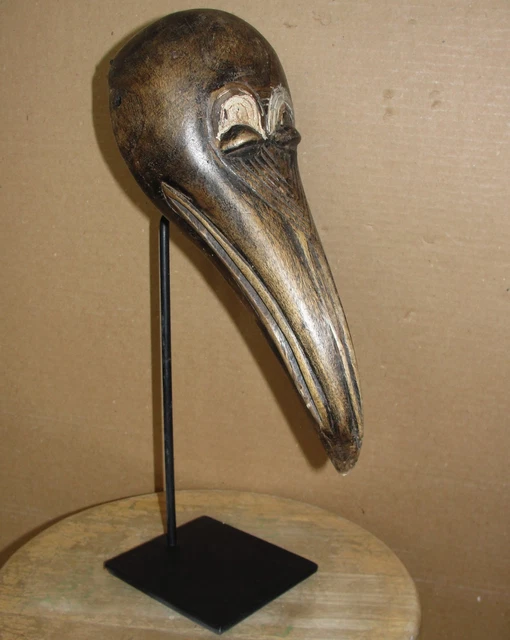 African Tribal Baga Bird Long Beak Mask w/ Stand Guinea Dan Joli Masque Statue