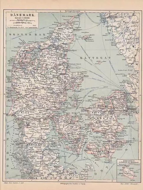 DÄNEMARK Jütland Seeland Ribe Fünen Jylland Sylt Föhr LANDKARTE 1889