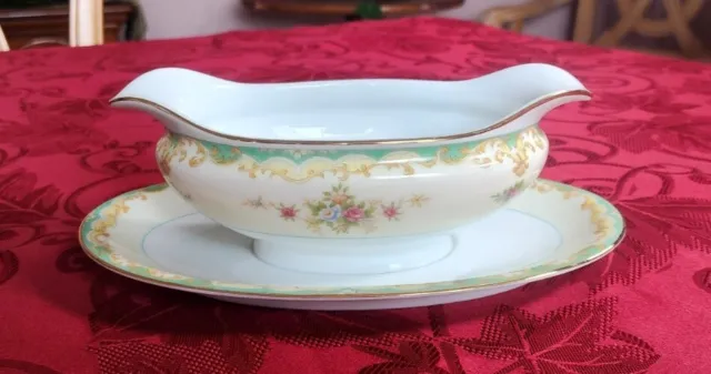Vintage 1930s Noritake Japan Bone China M Floral Oval Gravy Bowl Attached Dish