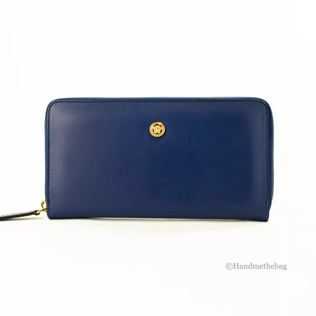 Versace Navy Smooth Leather Zip Around Medusa Icon Continental Clutch Wallet