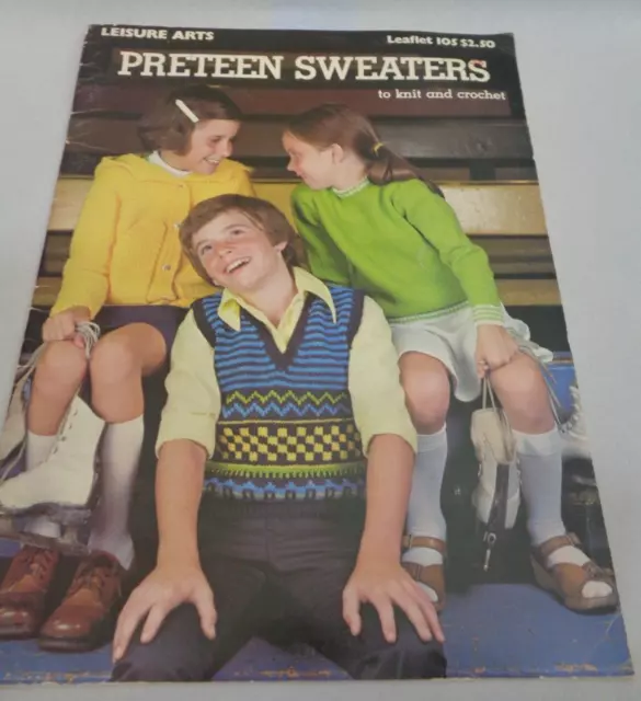 Vintage Leisure Arts Preteen Sweaters Pattern Book Knit & Crochet 1977 #105