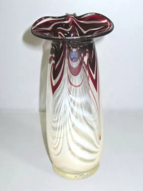 VTG Nancy Freeman Studio HandBlown Art Glass Vase Ruby Feather Signed 1978 WOW